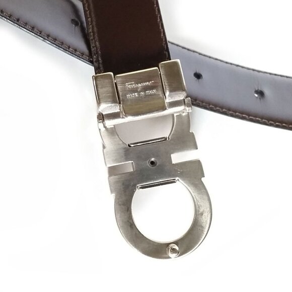 Ferragamo Reversible Mens Belt Black Brown Italian Leather Antique Silver - Picture 3 of 4